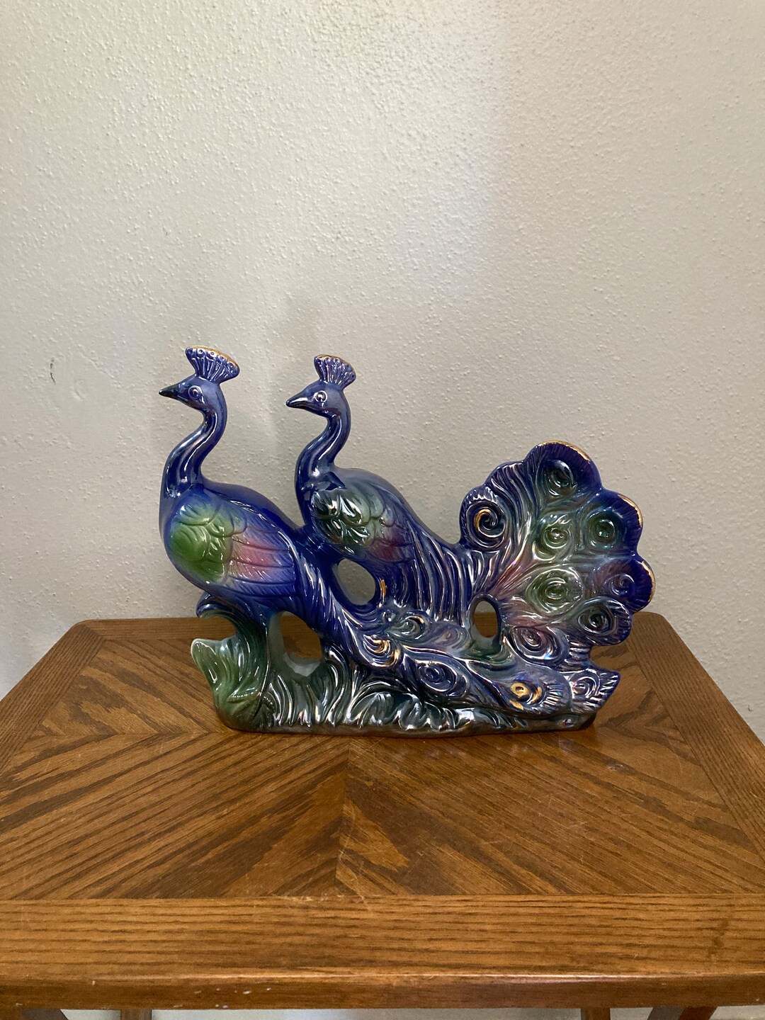 Vintage Blue Iridescent Peacocks Ceramic Peacock Statue Etsy