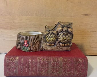 owl planter, owl candle holder, pottery owls on a tree stump, owls on a tree branch, owl lovers, bird planter