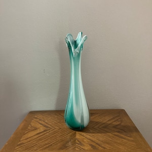 Vintage teal swung vase, teal Glass Vase, swung glass, 17”, art glass, mcm glass vase, teal and white