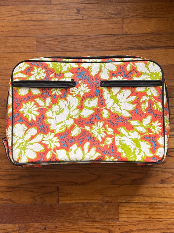 Vintage orange floral suitcase, vinyl suitcase, mo