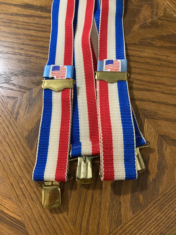Vintage red,blue and white striped suspenders 1980s Era Red White and Blue Striped Canvas Mens Suspenders  main image 3