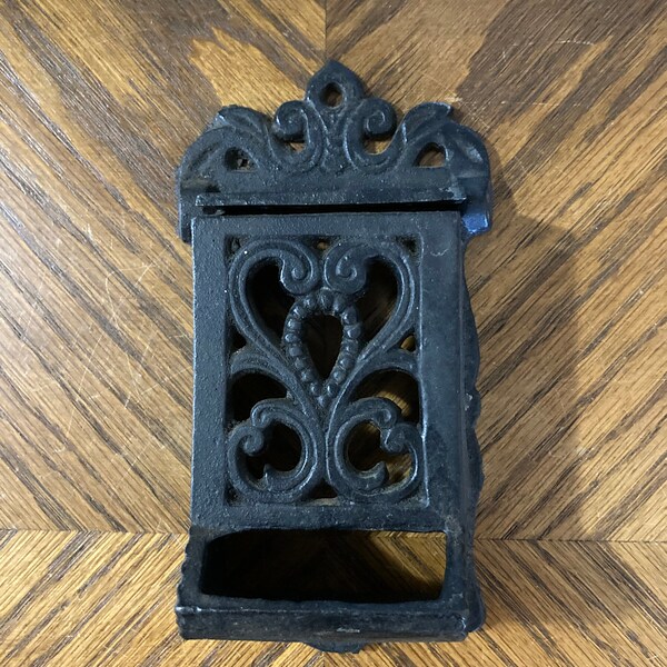 Vintage cast metal match holder, match stick holder, kitchen match box, wall mount match box, ornate black metal match box, matchstick