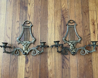 Vintage brass wall sconce, pair of wall sconces, set of 2, brass candle sconces, brass harp dragon sconce