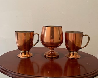 Vintage copper cocktail set, rustic copper mug, copper cocktail carafe, copper decor, copper cup, set of 3
