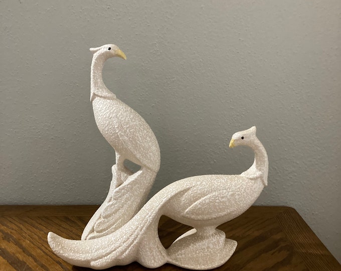 Vintage White Peacocks Peacock Statue Ceramic Textured Etsy