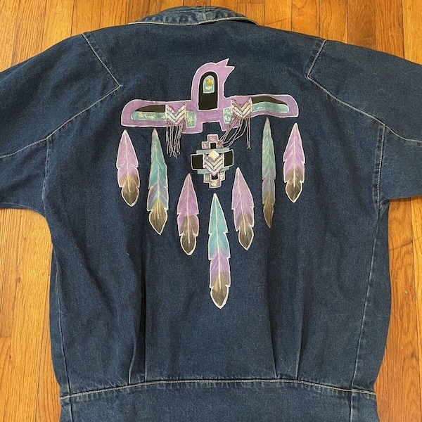 Vintage Apache Denim Blazer W/ Tapered Cuffs Painted Purple Feathers Southwestern wear, oversized denim jacket M