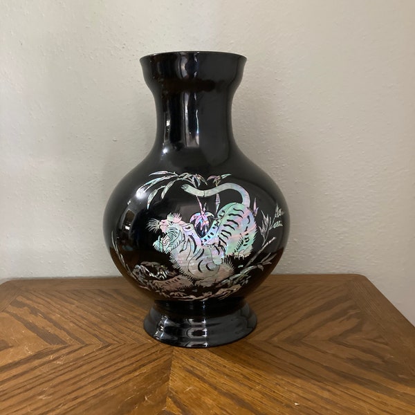 Vintage black lacquer vase, Asian tiger mother of pearling, plastic black lacquer vase, Asian decor, floral decor