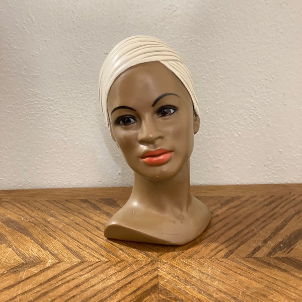 vintage chalkware bust, Marwal chalkware, woman figurine, lady's head, beautiful woman, turban wrapped head