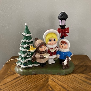 Vintage Christmas carolers and tree lamp, light up ceramic tree, 80s Christmas decor, songs children