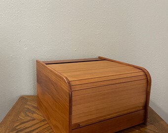 Vintage roll top storage box, recipe box, wooden box, teak box, tambour lid box