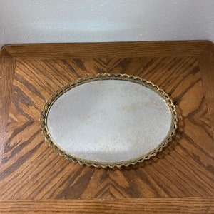 Vintage mirror vanity tray, oval mirrored tray, jewelry tray, perfume tray, hollywood regency, rose filigree, large mirror