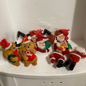 Vintage Flocked Christmas ornaments, flocked santa ornaments, flocked ornament lot, flocked dog ornaments, lot of 7
