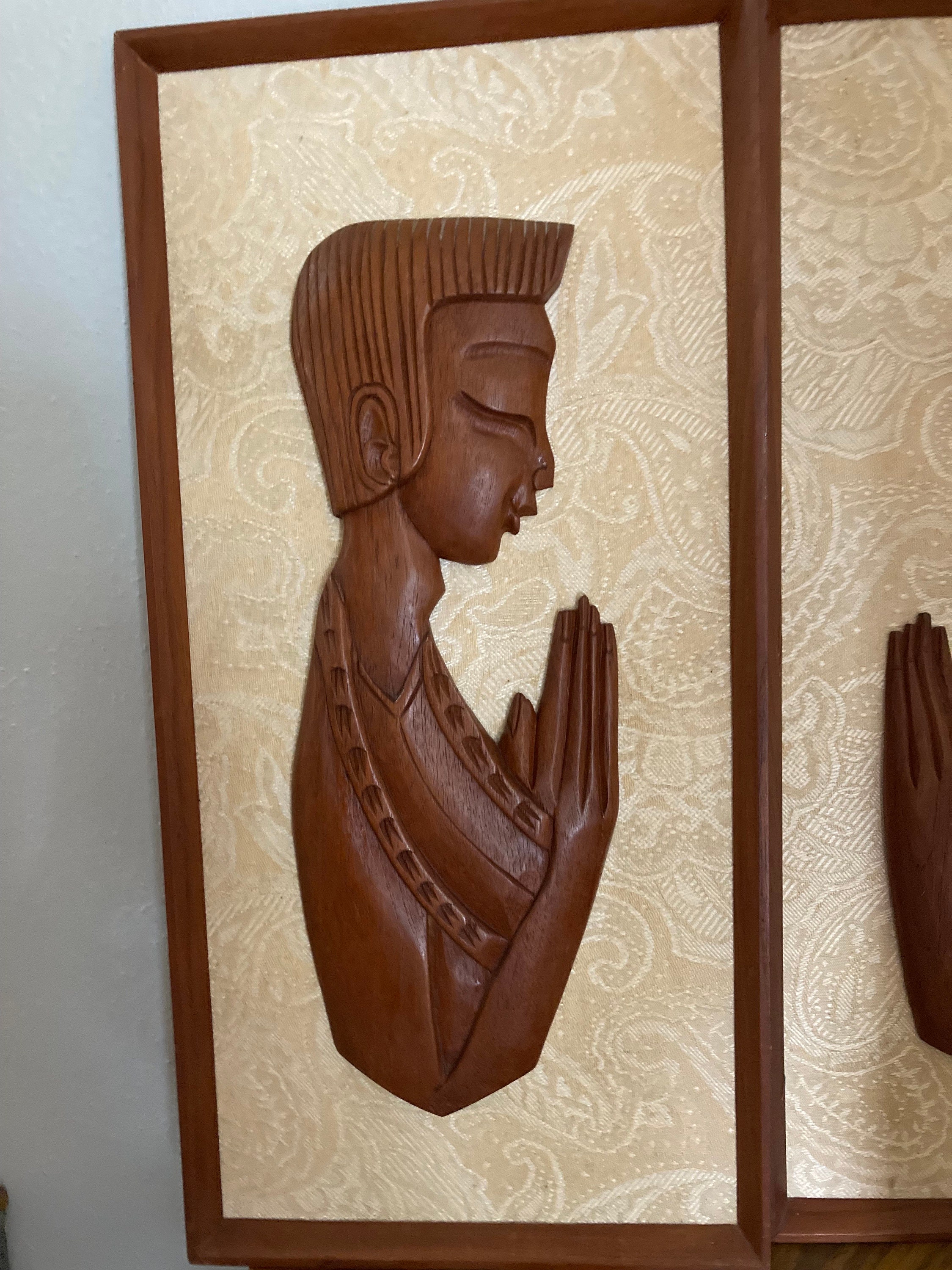 Asian Wall Plaques Teak Asian Figures Wood and Fabric