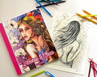Colouring book "Flowers and gems" in high quality paper, + one original drawing + dedication, + inedited and exlusive colouring page