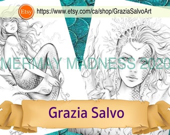 MERMAY2020 Grazia Salvo. Set of 2 colouring pages. 4 high resolution files (2 in JPG format and 2 in PDF format) ready to print