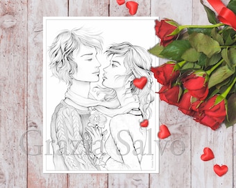 Printable colouring page of two lovers for S.Valentine's Day