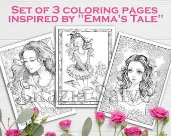 May include: Set of three coloring pages inspired by "Emma's Tale". Each page features a black and white illustration of a young woman with long hair. The illustrations are surrounded by floral designs.