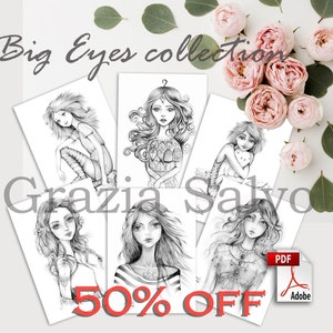Big eyes collection. Set of 6 Sweet cute girls with big eyes to color. Grazia Salvo printable coloring pages. Instant easy download.