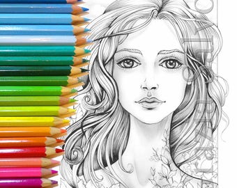 Woman of flowers 4. New printable colouring page. Girl & flowers rich in detail for a highly rewarding coloration. 2 files (black and gray).