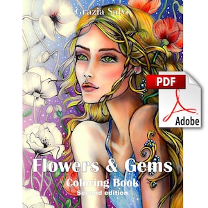 PDF Grayscale Coloring Book "Flowers and Gems" | Printable adult coloring pages of 40 hand-drawn portraits of women, flowers and jewelry