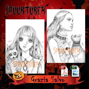 以下が含まれることがあります： ハロウィーンをテーマにした2つの白黒イラスト。1つはウサギの人形を持った女の子、もう1つは猫を連れた女性が描かれています。「SPOOKTOBER」の文字が上部にあります。アーティストの名前「Grazia Salvo」が下部にあります。