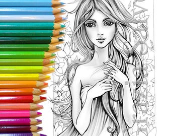 Woman of flowers 10. New printable colouring page. Girl & flowers rich in detail for a highly rewarding coloration. 2 files (black and gray)