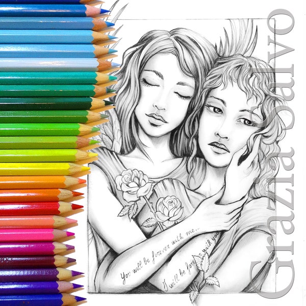 Women of flowers 35. New printable colouring page. Girl & flowers rich in detail for a highly rewarding coloration. 2 files (black and gray)