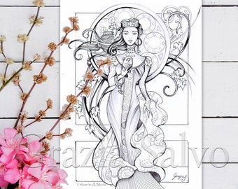 May include: Black and white line art drawing of a woman in a long dress with a crown and a heart in her hand. The drawing is in the Art Nouveau style and includes floral and geometric patterns. The text "Tribute to A Mucha" is at the bottom of the drawing.