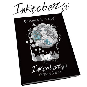 Può includere: Illustrazione in bianco e nero di una ragazza con i capelli lunghi che tiene una boccia di pesce con un pesce blu al suo interno. L'illustrazione è sulla copertina di un libro intitolato "Emma's Tale" con il testo "Inktober 2020" e "Grazia Salvo" sotto l'illustrazione.