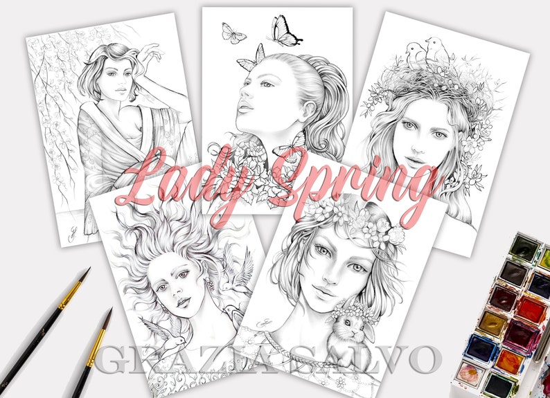 Op de afbeelding: Vier zwart-witte kleurplaten met vrouwen met bloemendetails en dieren. De pagina's zijn getiteld "Lady Spring".