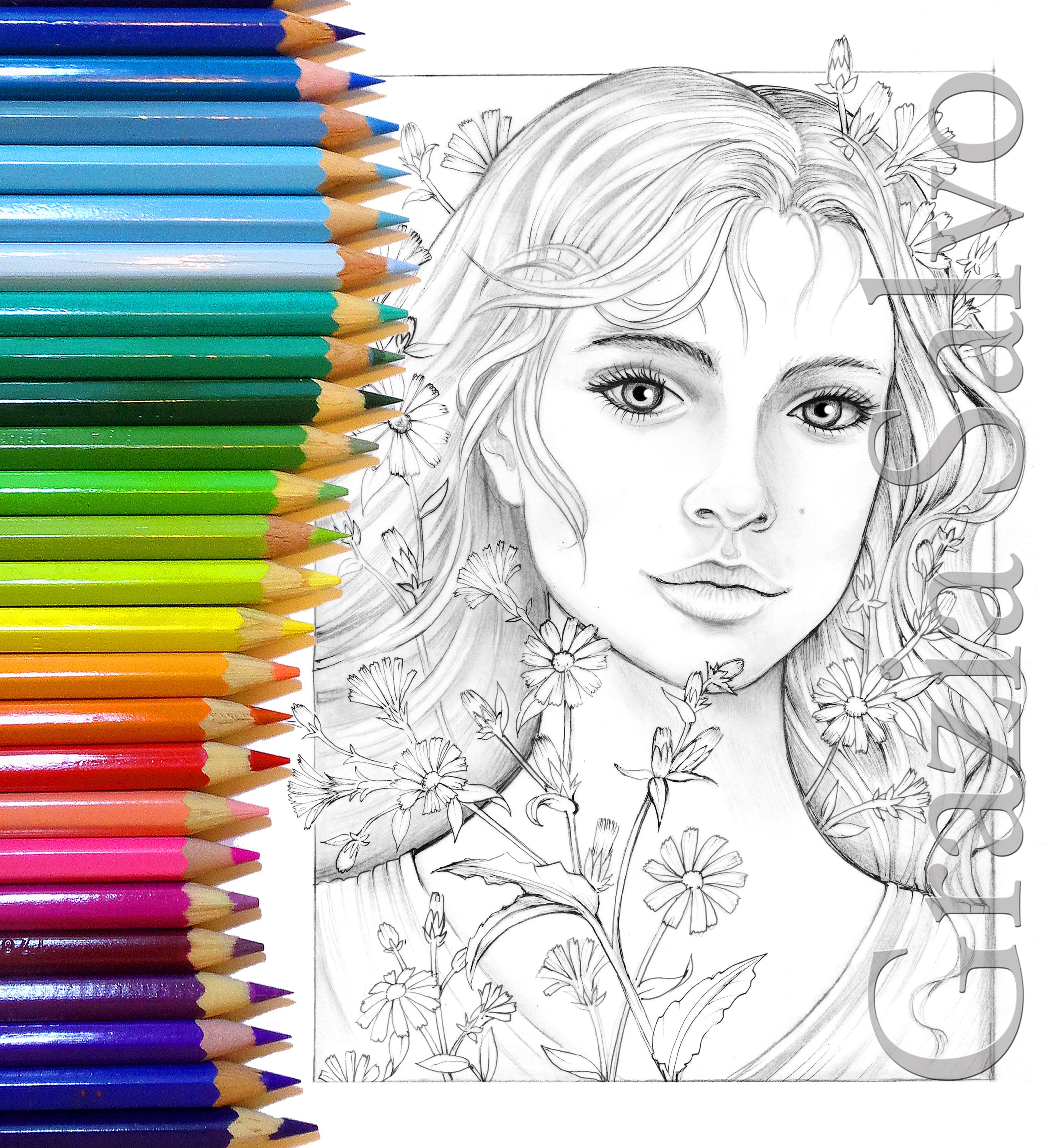 Brightness. the Women of Flowers Collection 3. Spiral Bound Grayscale Coloring  Book for Adults. Grazia Salvo Art. Beautiful Women Portraits. 