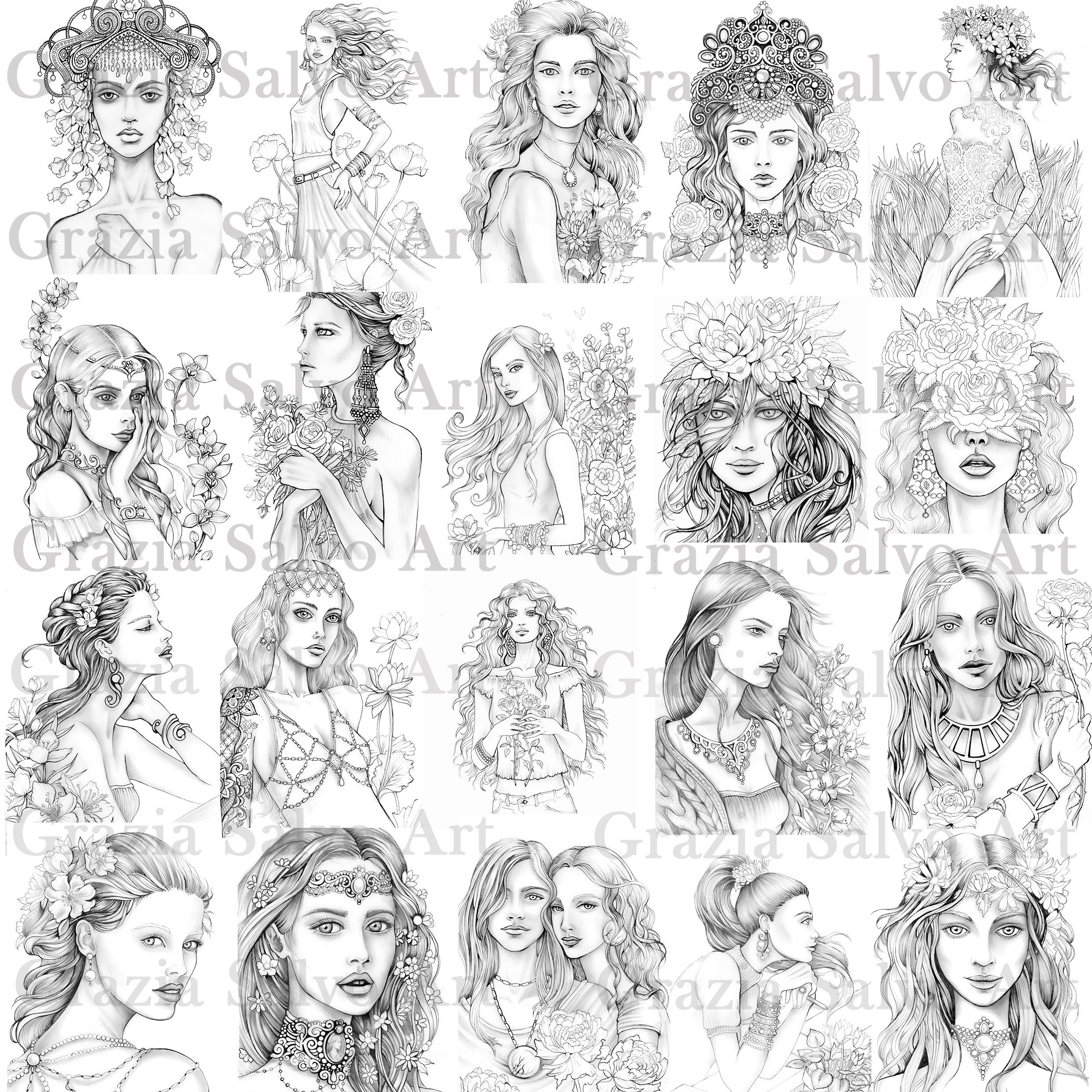 PDF Grayscale Coloring Book "flowers and Gems" | Printable Adult ...