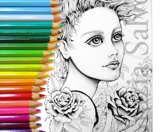 Woman of flowers 7. New printable colouring page. Girl & flowers rich in detail for a highly rewarding coloration. 2 files (black and gray).