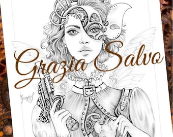 STEAMPUNKFREAKOUT. Grazia Salvo "Right in the heart!" Printable steampunk coloring page pdf + jpg