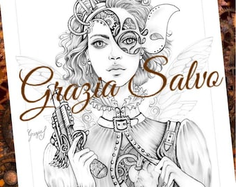 STEAMPUNKFREAKOUT. Grazia Salvo "Recht in het hart!" Afdrukbare steampunk kleurplaat pdf + jpg