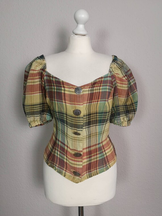 Vintage 1980s Austrian plaid trachten blouse w HU… - image 3