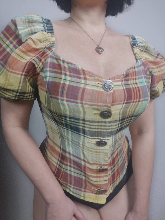 Vintage 1980s Austrian plaid trachten blouse w HU… - image 5