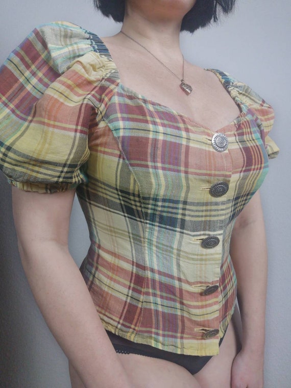 Vintage 1980s Austrian plaid trachten blouse w HU… - image 2