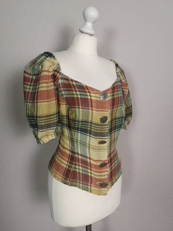 Vintage 1980s Austrian plaid trachten blouse w HU… - image 4