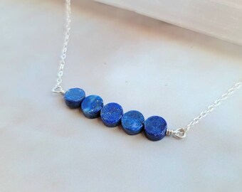 VERUCA lapis lazuli sterling silver necklace. Delicate lapis lazuli beaded bar gemstone necklace on fine sterling silver curb chain.