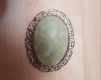 Vintage Kitsch Antique Silvertone Victorian Green Grey Stone Brooch Badge