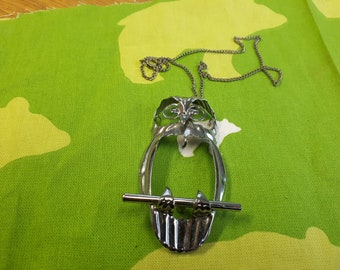 Vintage Silvertone Unusual Spooky Owl Necklace Kitsch Chic Boho Piece