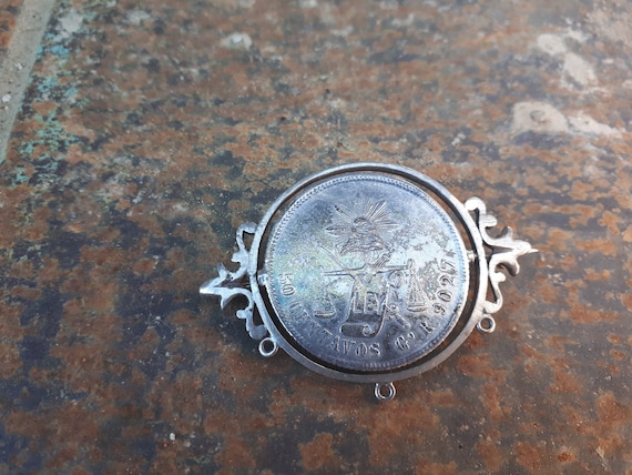 Vintage Mexico 1887 Silver Centavos Coin Brooch -