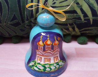 vintage wooden handmade russian wedding christening bell - kitsch antique piece - folkore