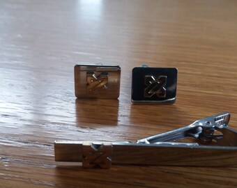 Vintage Silvertone Saltire Naval Maritime Cufflink Tie Clip Set - 80s Art Deco Kitsch Chic