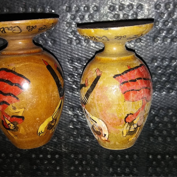 Vintage Wooden Souvenir Spanish Vases - Kitsch Boho Chic Piece - Tourism