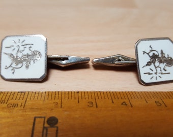 vintage siam silver thai god emblem cuff links boho antique piece 1950s - souvenir dapper chap gents