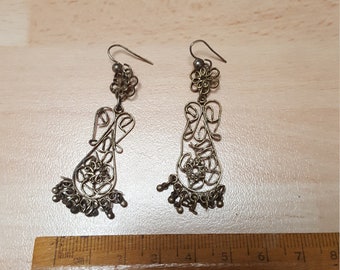 antique victorian metal folk art style earrings - kitsch art deco jugendstil piece - interesting design