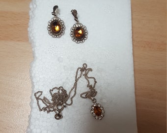 vintage antique amber glass silver necklace and earrings set - wedding christmas anniversary gift - boho retro piece 60s