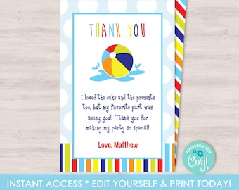 Pool Party Picture Thank You Card Beach Ball Polka Dot Colorful 1st Birthday Baby Shower Printable Digital File